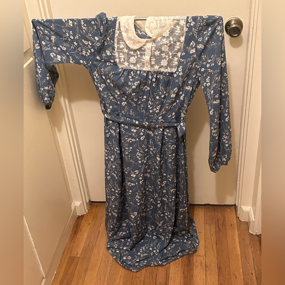 Shein Maternity ruffle trim guipure blue Dress white polka dot size small